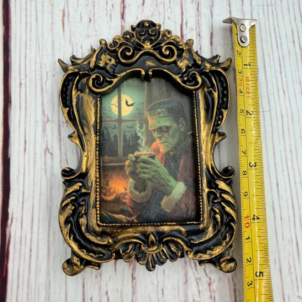 Frankenstein Santa Claus Art Print Gothic Ornate Black Gold Resin Frame 5.25in